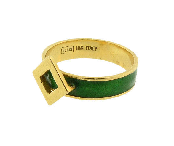Gucci 18K Gold &amp; Kelly Green Enamel Buckle Ring