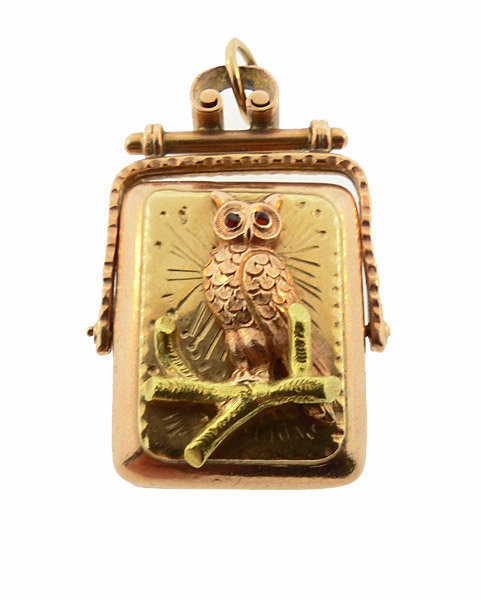 Victorian Aesthetic 14K Multicolored Gold & Garnet Owl Fob Locket