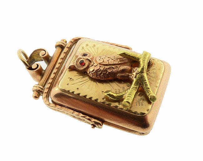 Victorian Aesthetic 14K Multicolored Gold &amp; Garnet Owl Fob Locket