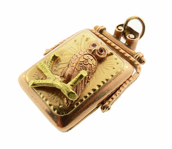 Victorian Aesthetic 14K Multicolored Gold &amp; Garnet Owl Fob Locket