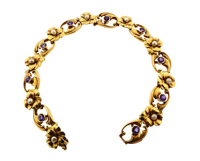 Krementz Art Nouveau 14K Gold & Amethyst Pansy Bracelet