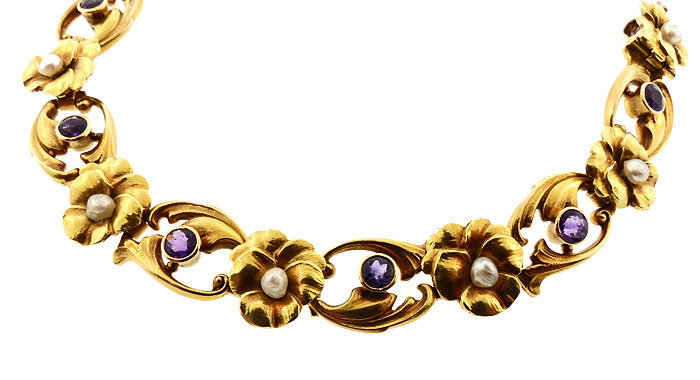 Krementz Art Nouveau 14K Gold &amp; Amethyst Pansy Bracelet