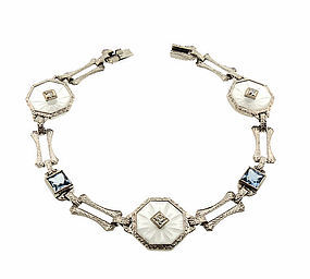 Art Deco Platinum 14K White Gold Crystal Blue Spinel Filigree Bracelet
