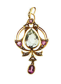 English Art Nouveau 15K Gold Aquamarine Pink Tourmaline Pearl Pendant