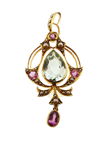 English Art Nouveau 15K Gold Aquamarine Pink Tourmaline Pearl Pendant