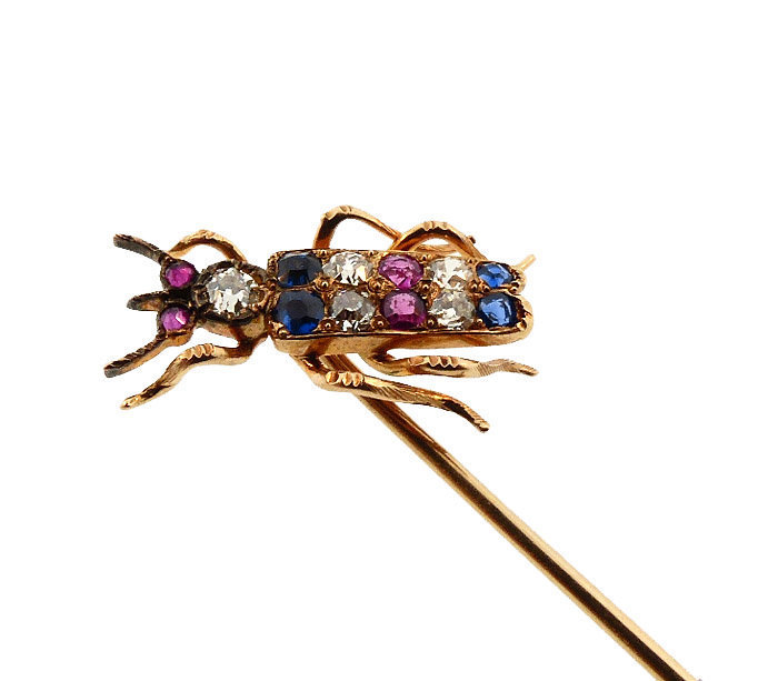 Victorian Patriotic 14K Gold, Diamond, Ruby, Sapphire Insect Stick Pin