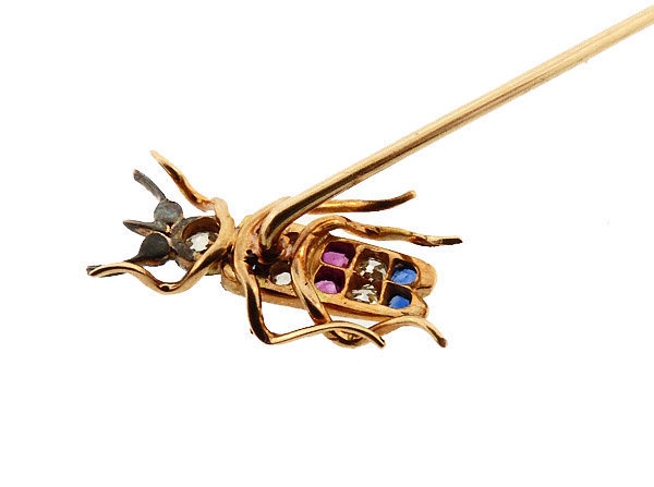 Victorian Patriotic 14K Gold, Diamond, Ruby, Sapphire Insect Stick Pin