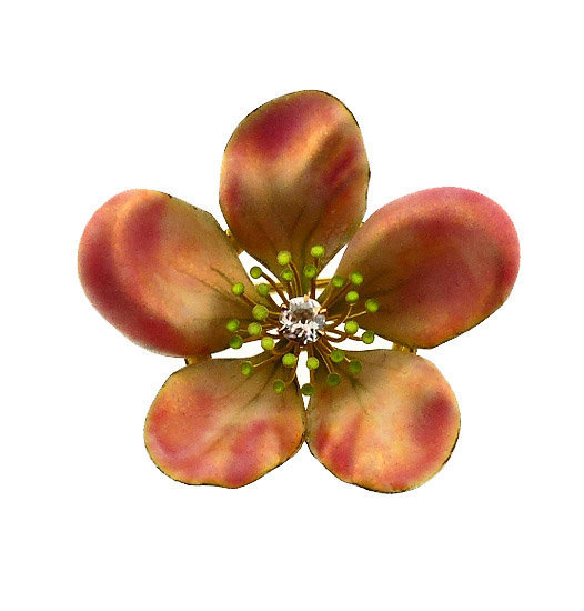 Art Nouveau 18K Gold, Enamel & Diamond Apple Blossom Pin/Pendant