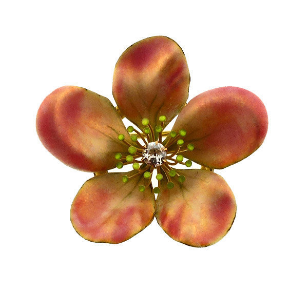 Art Nouveau 18K Gold, Enamel &amp; Diamond Apple Blossom Pin/Pendant