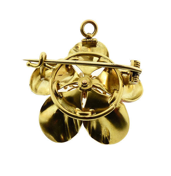 Art Nouveau 18K Gold, Enamel &amp; Diamond Apple Blossom Pin/Pendant