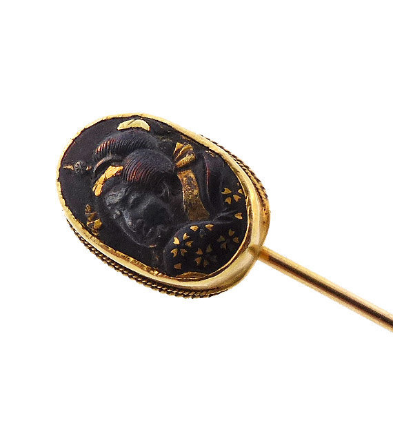 Victorian 18K Gold-Mounted Meiji Period Shakudo Geisha Stickpin