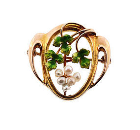 Art Nouveau 10K Gold, Enamel & Pearl Grape Cluster Pin