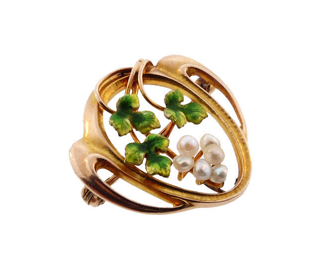 Art Nouveau 10K Gold, Enamel &amp; Pearl Grape Cluster Pin