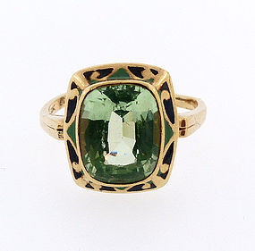 Art Deco 10K Gold, Enamel & Green Spinel Ring