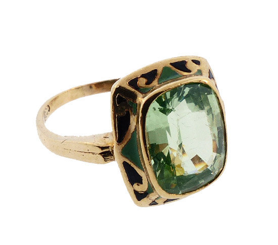 Art Deco 10K Gold, Enamel &amp; Green Spinel Ring