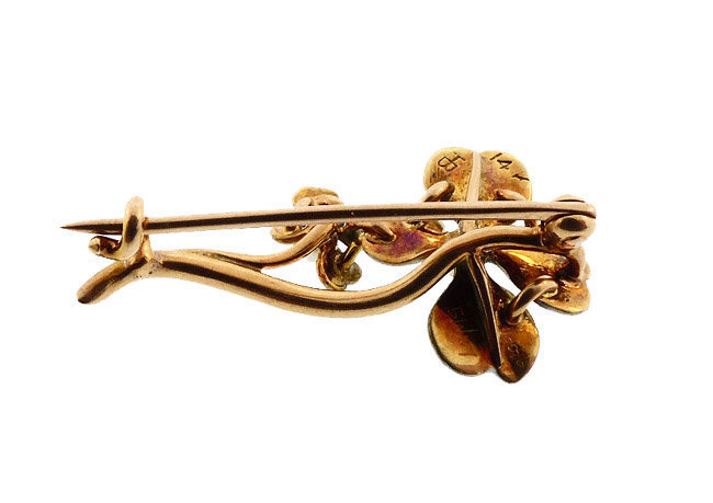 Hammerman Bros. Art Nouveau 14K Gold, Enamel &amp; Pearl White Clover Pin