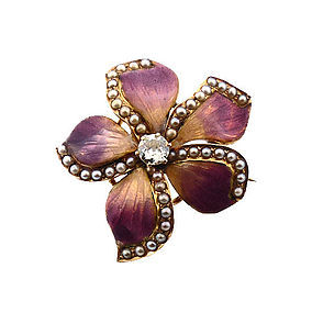 Art Nouveau Enameled 14K Gold, Diamond & Pearl Violet Flower Pin