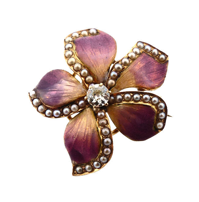 Art Nouveau Enameled 14K Gold, Diamond &amp; Pearl Violet Flower Pin