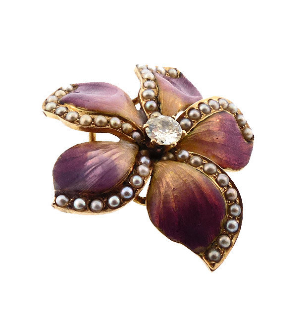 Art Nouveau Enameled 14K Gold, Diamond &amp; Pearl Violet Flower Pin