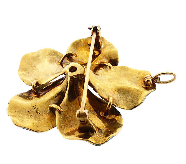 Art Nouveau 14K Gold, Enamel &amp; Diamond Flower Pin/Pendant