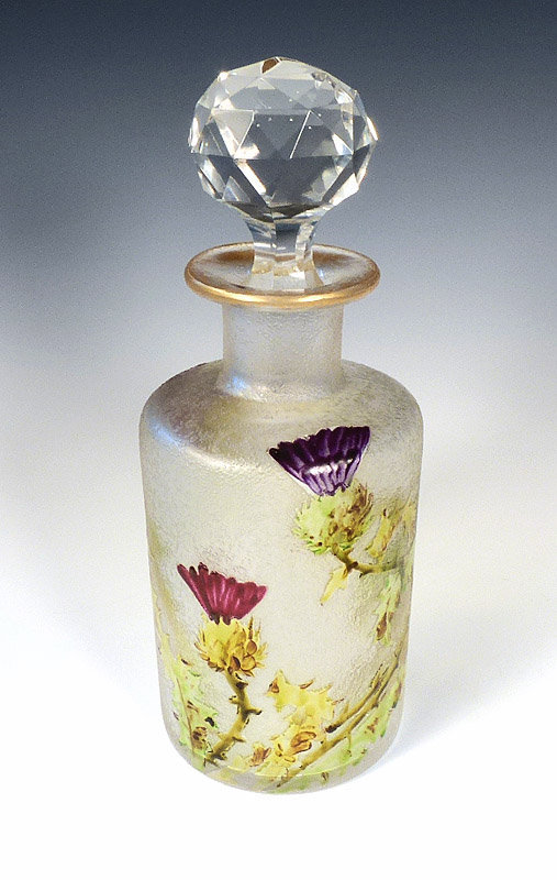 Saint Louis Art Nouveau Etched Cameo Glass &amp; Enamel Perfume Bottle