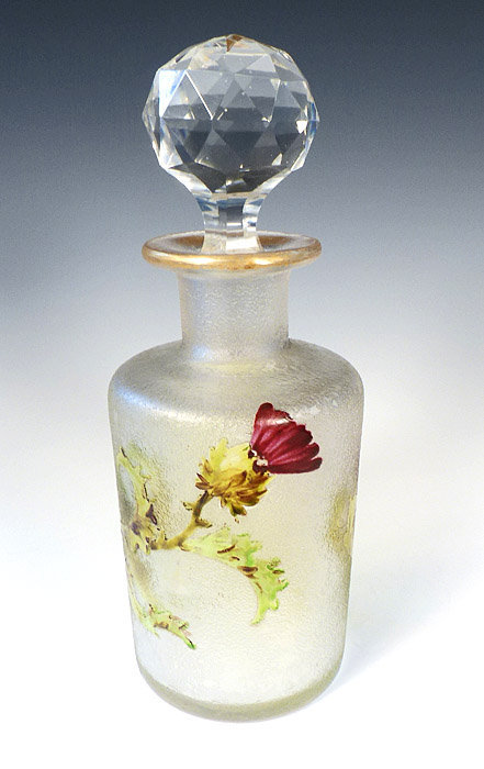 Saint Louis Art Nouveau Etched Cameo Glass &amp; Enamel Perfume Bottle