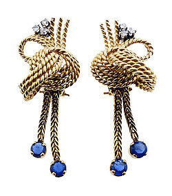 Mid-Century 18K Gold, Diamond & Sapphire Earrings