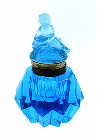 Peacock Blue Pressed & Cut Glass Cherub Inkwell