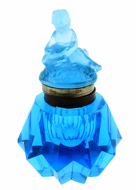Peacock Blue Pressed &amp; Cut Glass Cherub Inkwell