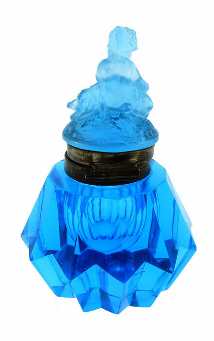 Peacock Blue Pressed &amp; Cut Glass Cherub Inkwell