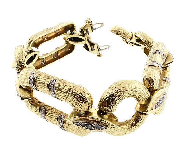 Vintage 1960’s 14K Yellow Gold & Diamond Wood-Grained Link Bracelet