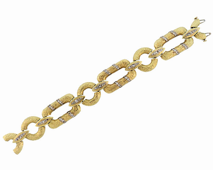 Vintage 1960’s 14K Yellow Gold &amp; Diamond Wood-Grained Link Bracelet