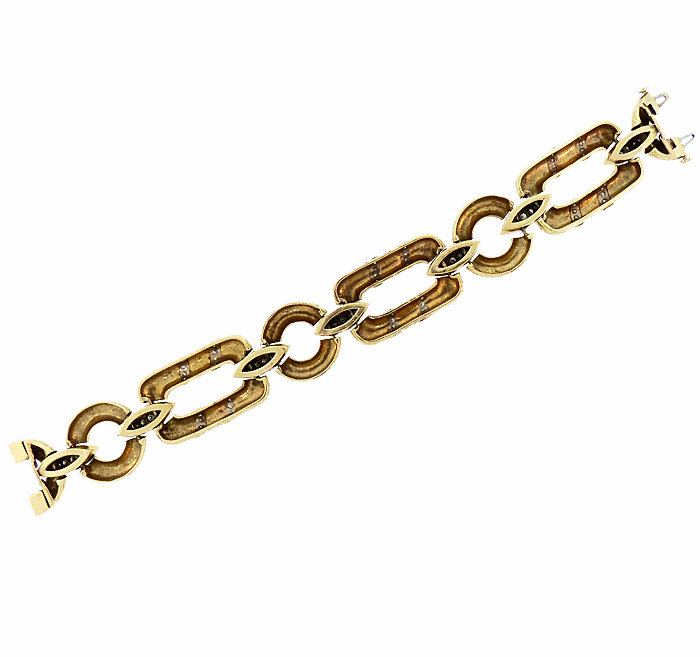 Vintage 1960’s 14K Yellow Gold &amp; Diamond Wood-Grained Link Bracelet