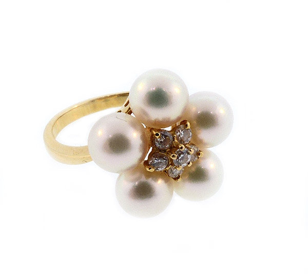 Mikimoto 18K Gold, Pearl & Diamond Cluster Ring