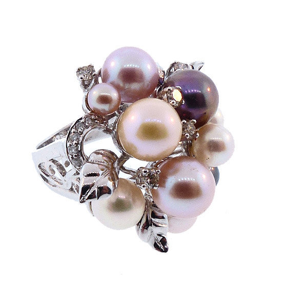 18K White Gold, Multicolored Pearl & Diamond Cocktail Ring