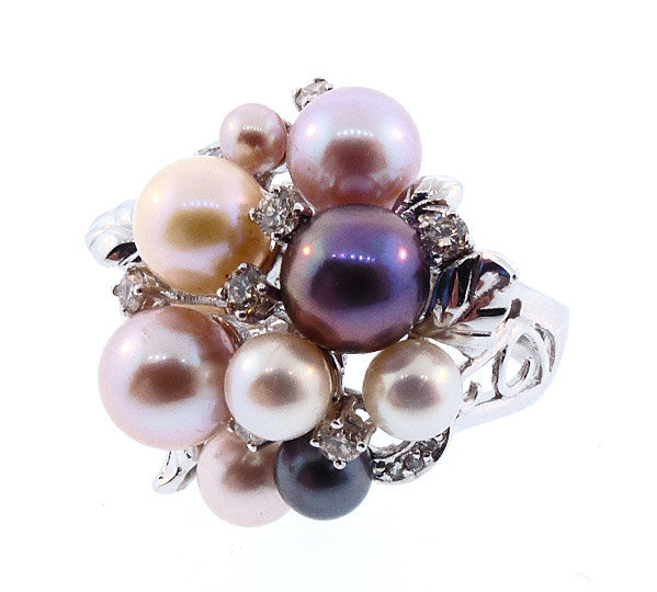 18K White Gold, Multicolored Pearl &amp; Diamond Cocktail Ring