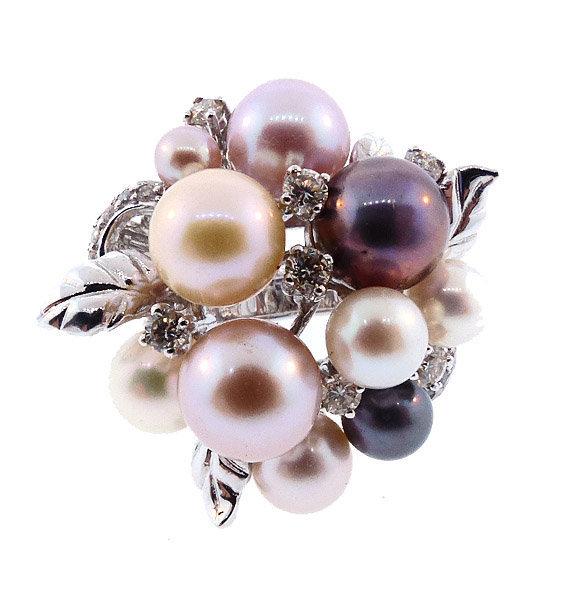 18K White Gold, Multicolored Pearl &amp; Diamond Cocktail Ring