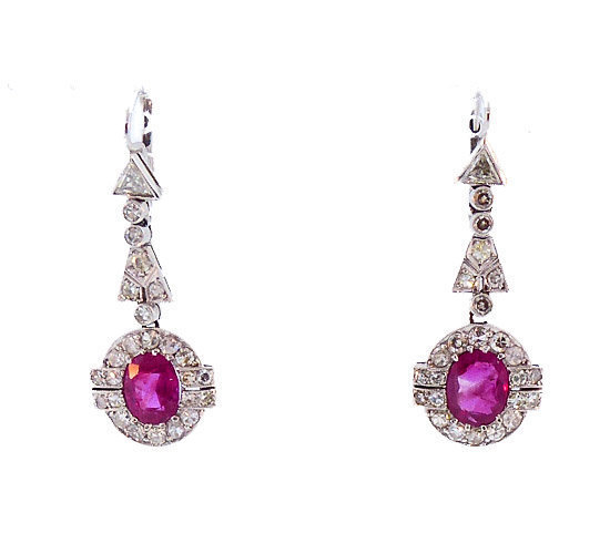 Art Deco 18K White Gold, Burmese Ruby &amp; Diamond Earrings