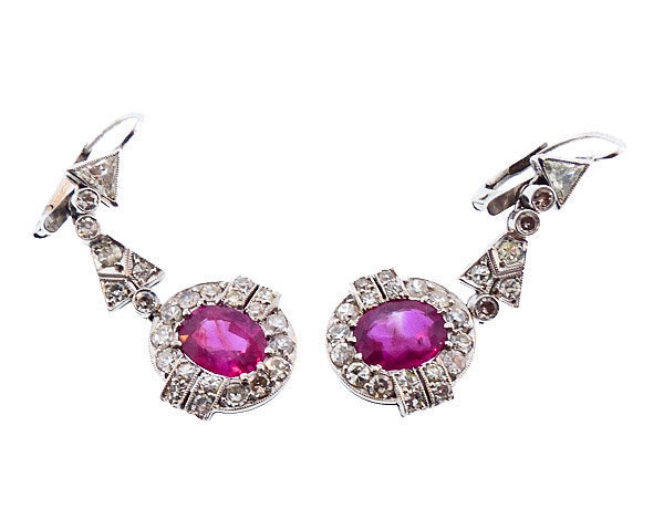 Art Deco 18K White Gold, Burmese Ruby &amp; Diamond Earrings