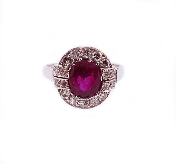 Art Deco 18K White Gold, Burmese Ruby &amp; Diamond Ring