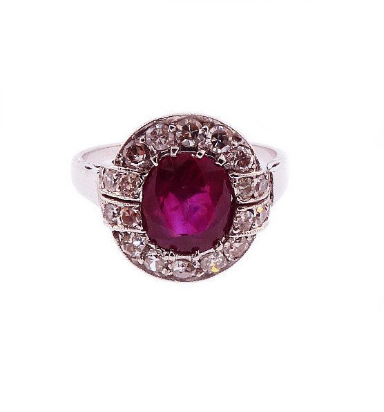 Art Deco 18K White Gold, Burmese Ruby &amp; Diamond Ring