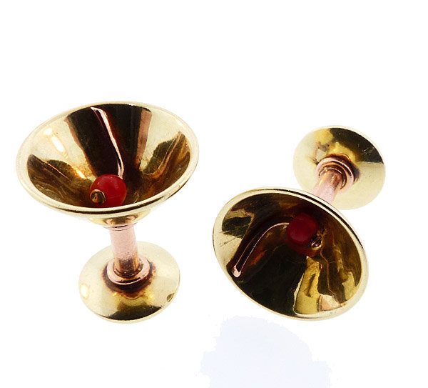 Art Deco 14K Rose &amp; Yellow Gold &amp; Coral Cocktail Glass Cufflinks