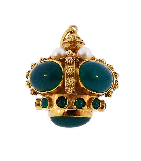 Venetian Etruscan 18K Gold, Pearl & Chalcedony Crown Fob/Charm
