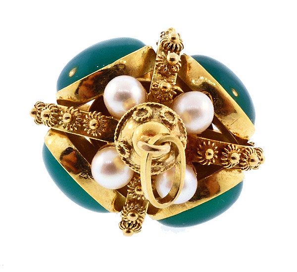 Venetian Etruscan 18K Gold, Pearl &amp; Chalcedony Crown Fob/Charm