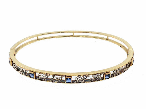 Edwardian 14K Gold, Platinum &amp; Sapphire Hinged Bangle Bracelet