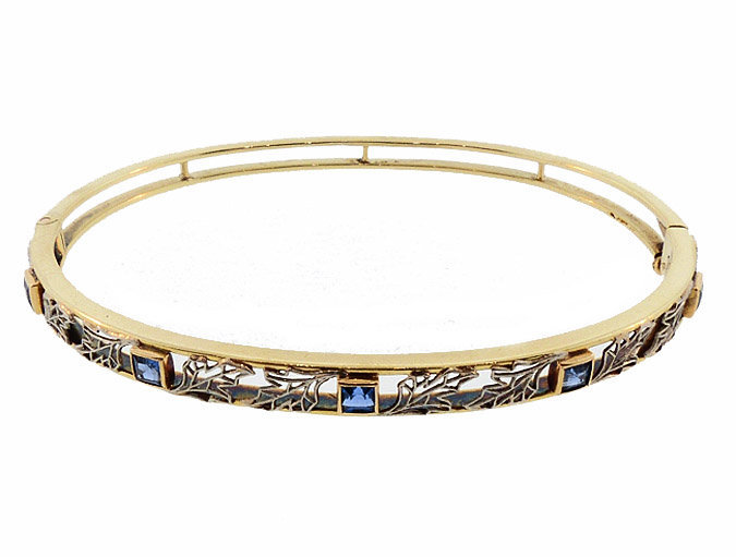 Edwardian 14K Gold, Platinum &amp; Sapphire Hinged Bangle Bracelet