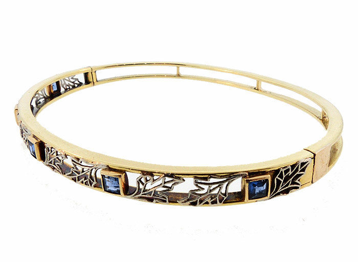 Edwardian 14K Gold, Platinum &amp; Sapphire Hinged Bangle Bracelet