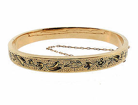 Victorian 14K Gold & Taille d’Epargne Enamel Hinged Bangle Bracelet