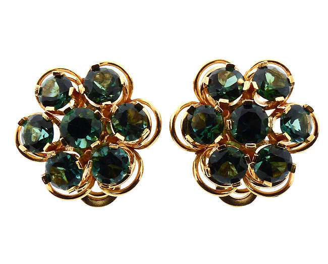 18K Gold &amp; Green Tourmaline Cluster Earrings