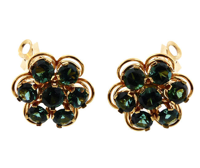 18K Gold &amp; Green Tourmaline Cluster Earrings